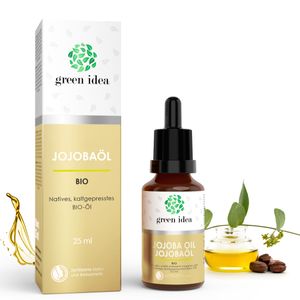 green idea - JOJOBAÖL BIO 100% Rein | Gesicht,  Körper, Haare | Vegan & Kaltgepresst | Jojoba Organic Oil | NaTrue-Zertifikat | Glasflasche & Pipette 25 ml