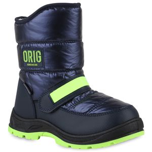 VAN HILL Kinder Warm Gefütterte Winter Boots Prints Profil-Sohle Schuhe 840073, Farbe: Dunkelblau Neon Gelb, Größe: 31
