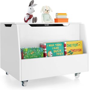 Spielzeugkiste mit Deckel & Rollen, Kinderregal mit offener Ablage und Kiste, Spielzeug-Organizer Kinderbank, Spielzeugtruhe aus Holz für Kinderzimmer 60x48x46,5cm