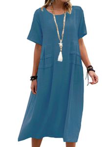 Damen Sommerkleider Leinen Kurzarm Kleid Boho Midikleider Strandkleid Freizeitkleider Blau,Größe 3XL