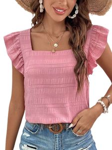 Damen Blusen Square Neck Pullover Tee Plain Kurzarm Shirts Sommer Lässig Oberteile Rosa,Größe 2XL