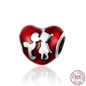 Charms Anhänger Charm kompatibel Pandora Herz Love 925 Silber ALE Sterling Kuss Herz Paar Liebe  Rot