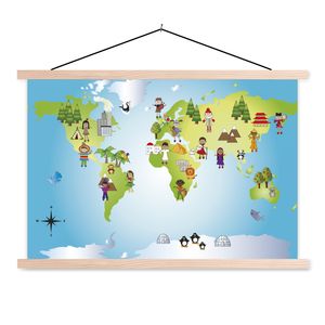 MuchoWow® Textilposter Weltkarte - Kinder - Natur - Illustration - Jungen - Mädchen 60x40 cm mit holzfarbenen Rahmen - Bilder