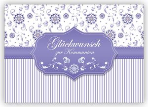 Nette Glückwunschkarte für das Kommunions Kind mit Blümchen und Streifen, lila: Glückwunsch zur Kommunion