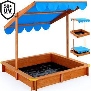 Sandkasten mit Dach | Deluxe 120x120cm höhenverstellbarem  neigbarem Sonnendach Bodenplane UV+ 50 | Kindersandkasten Sandbox Sandkiste