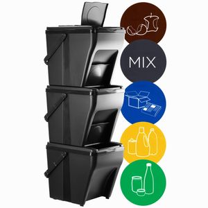 KADAX modularer Mülleimer aus Kunststoff "Arbol", Biomülleimer, Müllsortierer, Schwarz, 25L, 3 Stück