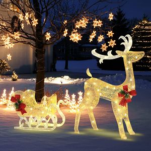 COSTWAY LED-Rentier mit Schlitten, Weihnachtshirsch Beleuchtet, Warmweiß | 5,2m Zuleitung | Metallrahmen, Weihnachten Deko für Außen und Innen, LED Figur mit Lichtschlauch, Gold