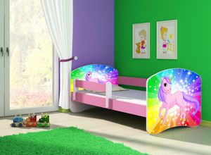 ACMA Jugendbett Kinderbett Junior-Bett Komplett-Set mit Matratze Lattenrost und Rausfallschutz Rosa 18 Pony Regenbogen 160x80