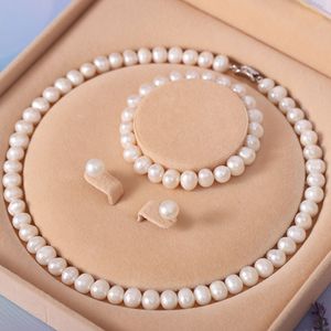 KUGI Perlenketten-Set Sterling Silber Perlenkette 8-9mm,Halskette silber 925 set (Schmuck Geschenk Perlenkette Perlenarmband Perlohrhaken, 8-9mm Choke