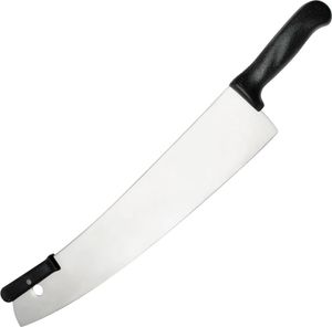 FMprofessional Pizzamesser, hochwertiger Pizzazerkleinerer, Pizzaschneider mit extra langer Edelstahlklinge, vielseitiges Multifunktionsmesser, handliches Wiegemesser (Farbe: schwarz/silber)