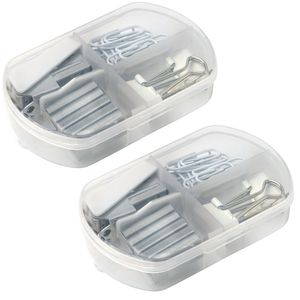 2 x Bürobox Set mit Tacker, Dokumentenklammern, Heftklammern, Büroklammern in kompakter Aufbewahrungsbox 9,4x6x2,1 cm