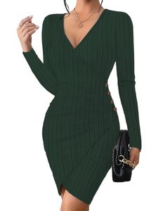 Damen Strickkleider Langarm Etuikleider Einfarbig Minikleid V-Ausschnitt Kleider Armeegrün,Größe XS