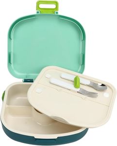 Lunchbox für Schüler, vierfache Frischhaltebox mit Schnallengriff, auslaufsicher, atmungsaktive Löcher, hitzebeständig, mit Löffel und Gabel(Grün)