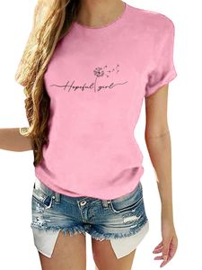 Damen T-Shirts Kurzarm Tops Löwenzahn Print Casual Rundhals Bluse Sommer Freizeithemd Rosa,Größe M