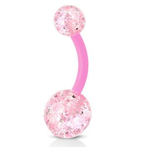 viva-adorno Bauchnabel Piercing Banane Barbell flexibel Kunststoff Glitzer Kugeln Acryl Z319, pink