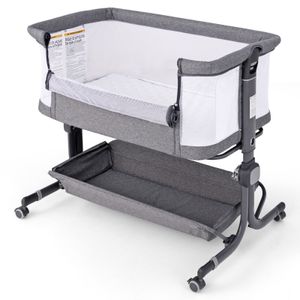 COSTWAY 3 in 1 Beistellbett mit Matratze, Babybett 6 Fach höhenverstellbar für Baby bis 6 Monaten (Dunkelgrau)