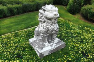 Steinguss Steinfigur Gartenfigur Torwächter Löwe Marmoroptik Gartendeko XXL