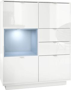 Vladon Highboard Sideboard Metro,  Germany, Korpus in Weiß Hochglanz / Fronten in Weiß Hochglanz mit Einsatz in Denim matt, inkl. LED Beleuchtung