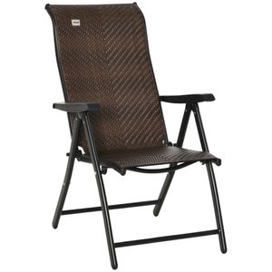Outsunny polyratanová záhradná stolička so sklápacím operadlom 7-stupňová nastaviteľná sklápacia stolička s podrúčkou na záhradu balkón a terasu hnedá+čierna 58 x 71 x 111 cm