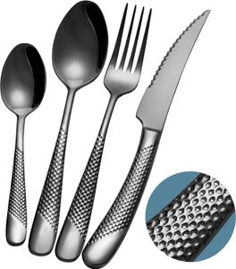 Besteck Set 6 Personen Schwarz modern gehämmertes, mit ultrascharfem 2-IN-1 gezacktem Messer, 18/10 Edelstahl 24 teilig, Messer Gabeln Löffel Set Titan plattiert, Spülmaschinenfest