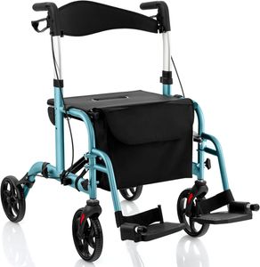 Rollator Faltbar Leichtgewicht, 2 in 1 Rollstuhl Reiserollator, Gehwagen 6-fach Hoehenverstellbar, Laufhilfe mit 2 Bremsen Stockhalter Tasche, Aluminiumlegierung bis 136 kg (Blau)