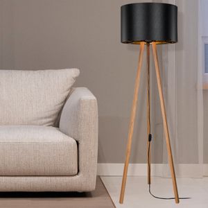 Stehlampe Keynes 1 x E27 Stehleuchte für Wohnzimmer Dreibein Holz Standleuchte Bambus-Optik Schwarz