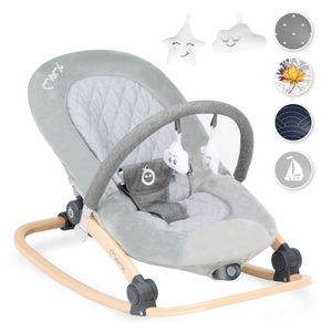 MoMi LUMIWOOD Babywippe - Sensormodul mit Musik und Vibration, Sicherheitsgurt, Spielzeug-Stirnband, Grau