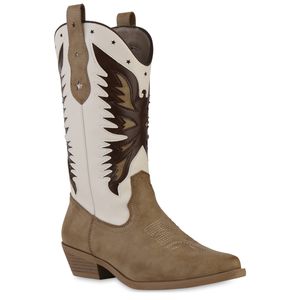 VAN HILL Damen Cowboystiefel Stiefel Spitze Western Schuhe 841113, Farbe: Khaki Beige, Größe: 38