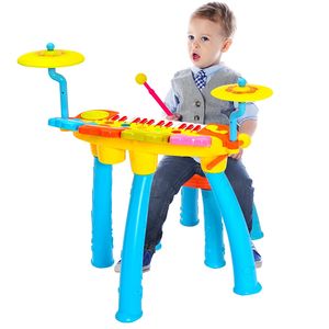 GOPLUS Kinderkeyboard mit Schlagzeug & Hocker, 24-Tasten Klaviertastatur mit 4 Trommeln, 2 Becken, 2 DJ-Plattenspielern, 2 Drumsticks & Mikrofon (Blau)
