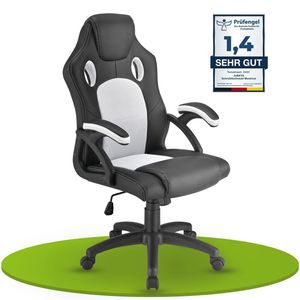 Juskys Racing Schreibtischstuhl Montreal (weiss) - Gaming Stuhl ergonomisch, höhenverstellbar & gepolstert, bis 120 kg - Bürostuhl Drehstuhl