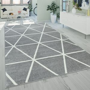Teppich Wohnzimmer Kurzflor Rauten Skandi Muster Modern Weich Grau Weiß Grösse 120x170 cm