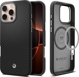 Spigen dla iPhone 16 Pro Case [Kevlar 1500D Protection] Enzo Aramid MagFit Aramid Fibre Thin Slim Shockproof Protective Case Mobile Phone Case Compatible with MagSafe -Black Silver