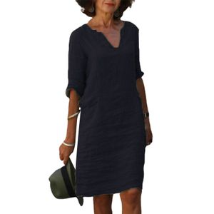 Damen Kurzärmelige Baumwolle Leinen Kleid Atmungsaktive Knie Kleid Sommer Mode,Farbe:Black,Größe:Xxl