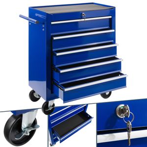 AREBOS Dielenský vozík 5 priehradiek, centrálne uzamykateľný, vrátane protišmykových podložiek, zásuvky s guličkovými ložiskami, 2 kolieska s parkovacou brzdou, modrý