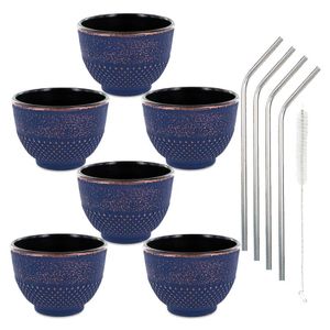 6 Tassen aus Gusseisen 15 cl Blau & Bronze + 4 Trinkhalme aus Edelstahl