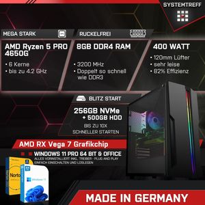 SYSTEMTREFF Gaming Komplett Set - Ryzen 5 4650G - AMD RX Vega - 7Core 4GB - 8GB 3 - 256GB M.2 NVMe + 500GB HDD  - 24 Zoll TFT - Desktop PC