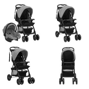 vidaXL 3 in 1 Kinderwagen Hellgrau und Schwarz Stahl - Kinderwagen - Kombi-Kinderwagen - Buggy - Buggys