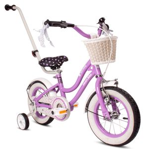 Dievčenský bicykel 12 palcový zvonček prídavné kolesá push bar Heart Bike fialový Sun Baby