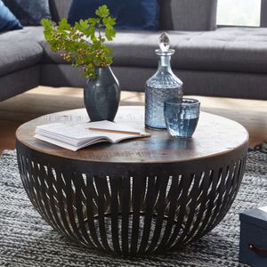 Konferenčný stolík WOHNLING 70x33x70 cm drevo / kov obývačkový stôl industriálny | klubový stôl do obývačky | rozkladací stôl s kovovým rámom | obývačkový stôl masívny | dizajnový obývačkový stôl okrúhly
