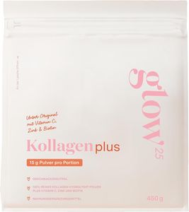 Glow25® Collagen Plus [450g] - mit Vitamin C, Zink und Biotin - Premium Kollagen Hydrolysat - Peptide Typ 1 und 3 - Perfekte Löslichkeit - Natur