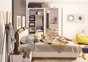Minio, Klassische Bett, 180cm,"DENTRO", mit Bettzeugkasten, Beleuchtung, Weiß/Stirling Eiche Farbe