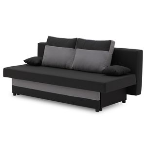 Couch SONY 190x90 mit Schlaffunktion - Farben zur Auswahl - kleines Sofa. Schlafsofa mit Bettkästen und dekorative Kissen - STOFF HAITI 17 + HAITI 14 - Schwarz&Grau