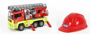 Bruder 01760 - MAN TGA - Feuerwehrauto mit Licht und Sound, Drehleiter und Kinder-Helm