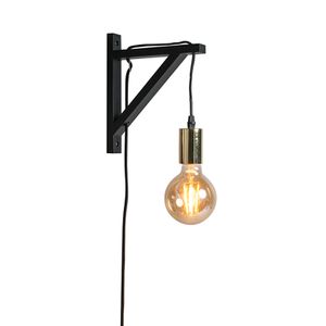 QAZQA - Modern Wandlampe schwarz mit Gold I Messing - Henker I Wohnzimmer I Schlafzimmer - Holz Länglich - LED geeignet E27