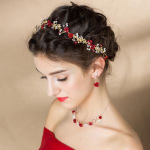 Braut Strassbesatz Haarband Stirnband Haarschmuck mit Kristall Perlen und Blumen, Fashion Schön Style Kopfschmuck Haarbänder für Frauen und Mädchen, Rot