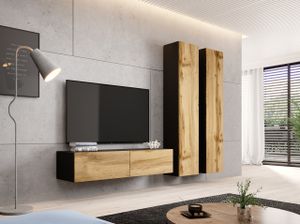 Wohnwand Wohnzimmer - Set Schrankwand VIGO 9G schwarz / eiche wotan 3tlg mit hängendem TV-Schrank und Hängeschränke 220cm breit