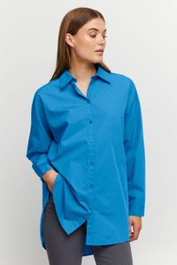 b.young BYGAMZE Damen Langarmshirt Langarmbluse Bluse Hemdbluse mit Stehkragen langer Schnitt mit Knopfleiste aus 100% Baumwolle Oversize