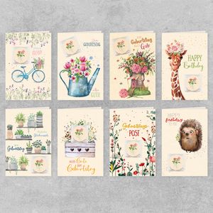 GreenLine Geburtstagskarten mit echten Blumensamen, 8 Stück | 100% baumfreies Zuckerrohrpapier | Klappkarte Blanko inkl. Umschlag | Glückwunschkarten, Blumensamen Geschenk