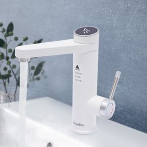 3200W elektrischer Wasserhahn schnelle Heizung Digitalanzeige Edelstahl Waschbeckenhahn 120° drehbar (weiß) für Küche Bad