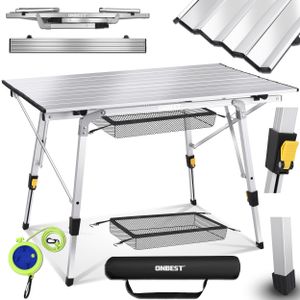 ONBEST Klapptisch | Silber | mit Netztasche | Wäscheklammer | Wäscheleine | Tragetasche | Höhenverstellbar | Aufrollbar